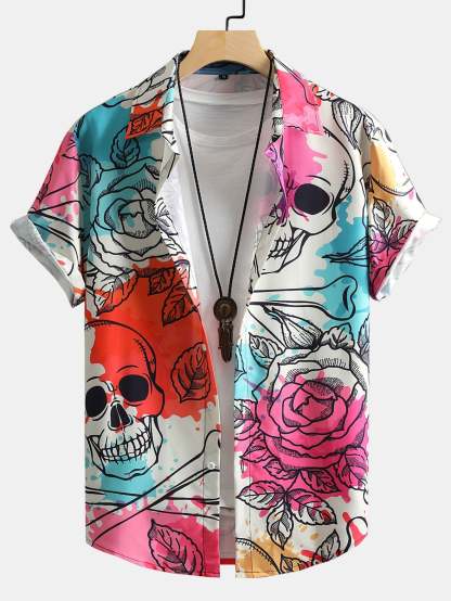 Skull Floral Print Button Up Shirt-Mitchell Shoes