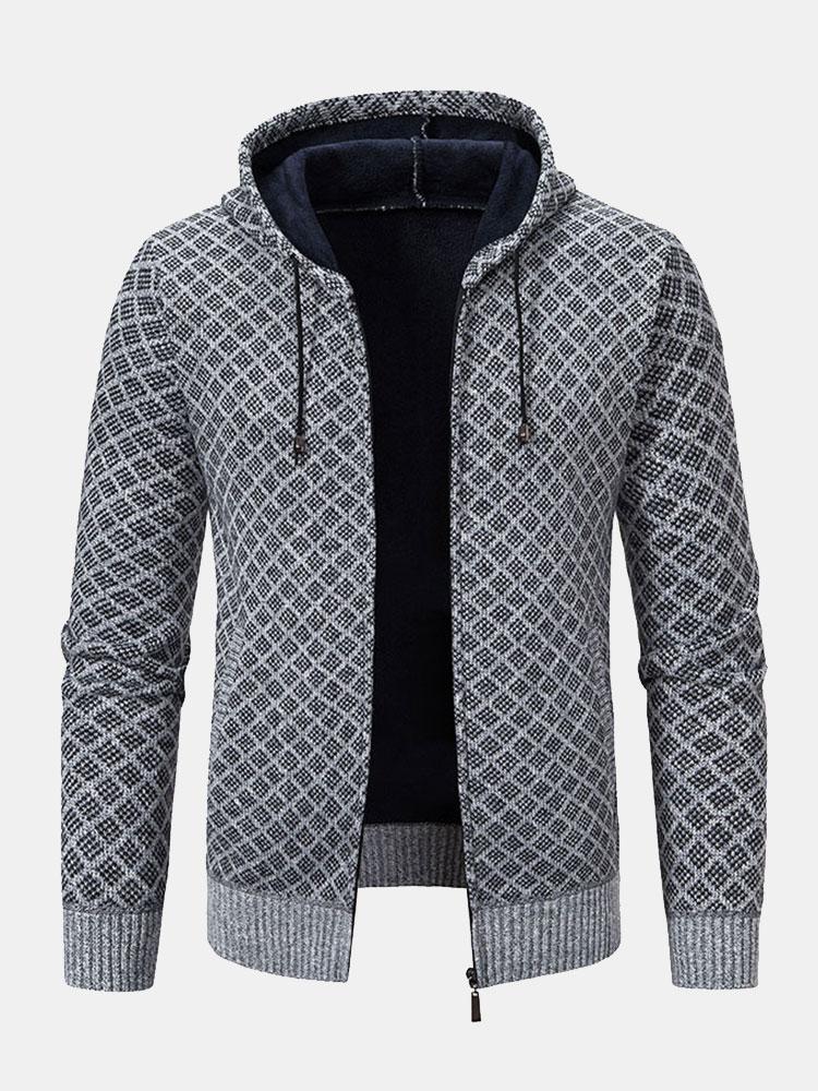 Diamond Pattern Zip Hooded Sweater-Mitchell Shoes