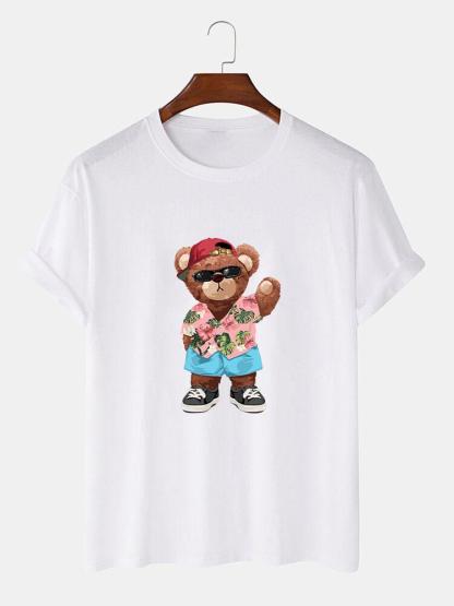 Bear In Hawaiian Shirt Print T-Shirt-Mitchell Shoes