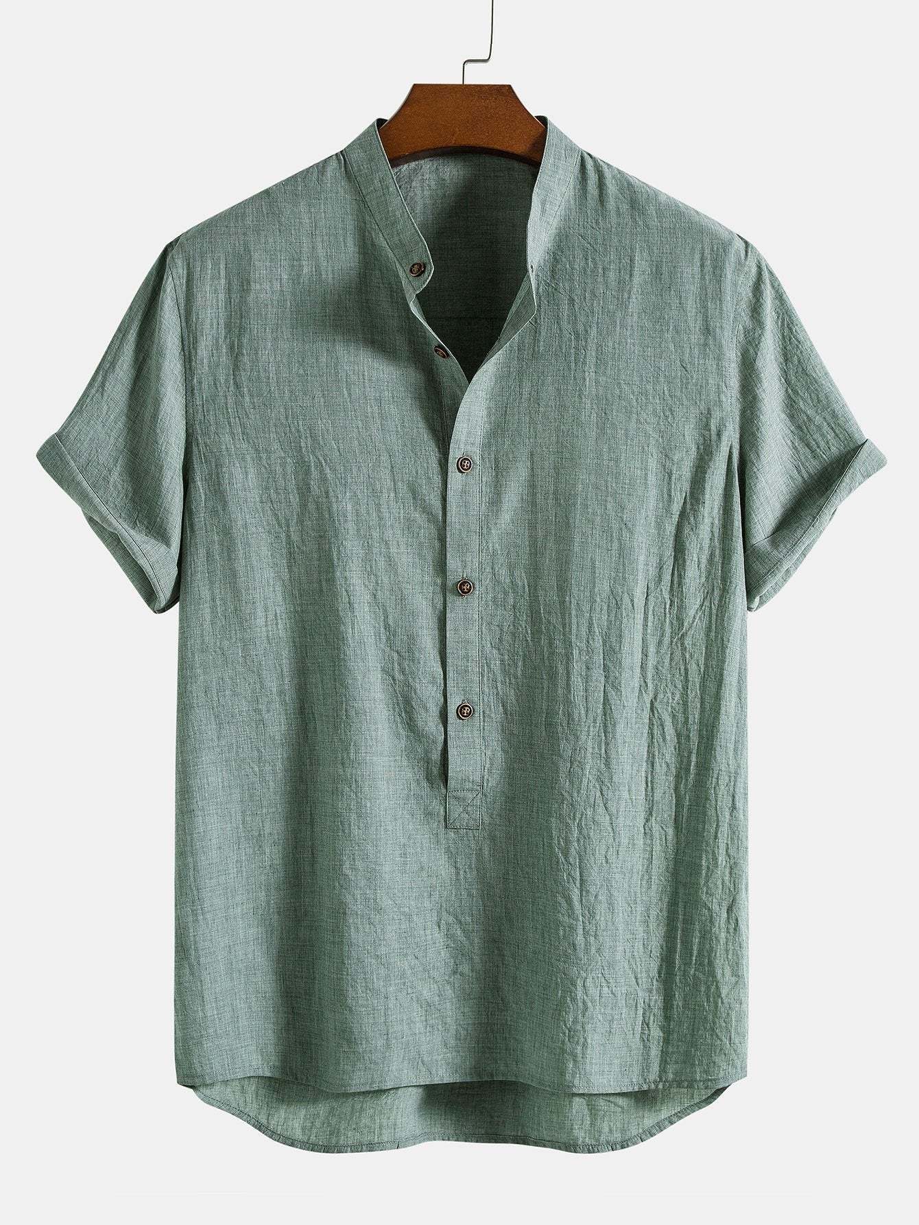 Short Sleeve Half Button Fly Henley Collar Shirt & Straight Leg Linen Pants-Mitchell Shoes
