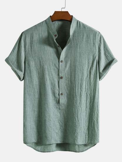 Short Sleeve Half Button Fly Henley Collar Shirt & Straight Leg Linen Pants-Mitchell Shoes