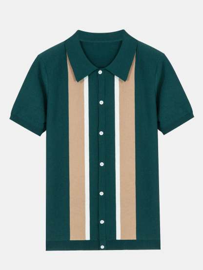Striped Short Sleeve Button Up Sweater Polo-Mitchell Shoes