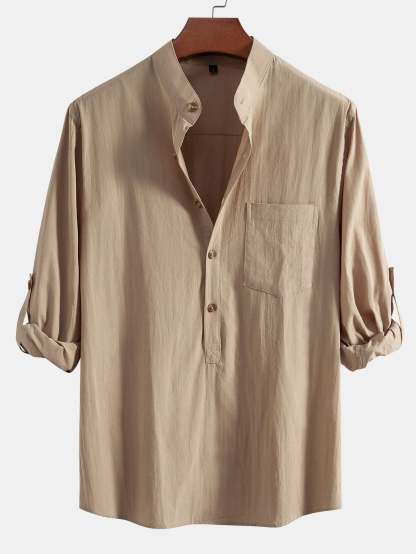 Long Sleeve Linen Look Henley Collar Shirt-Mitchell Shoes