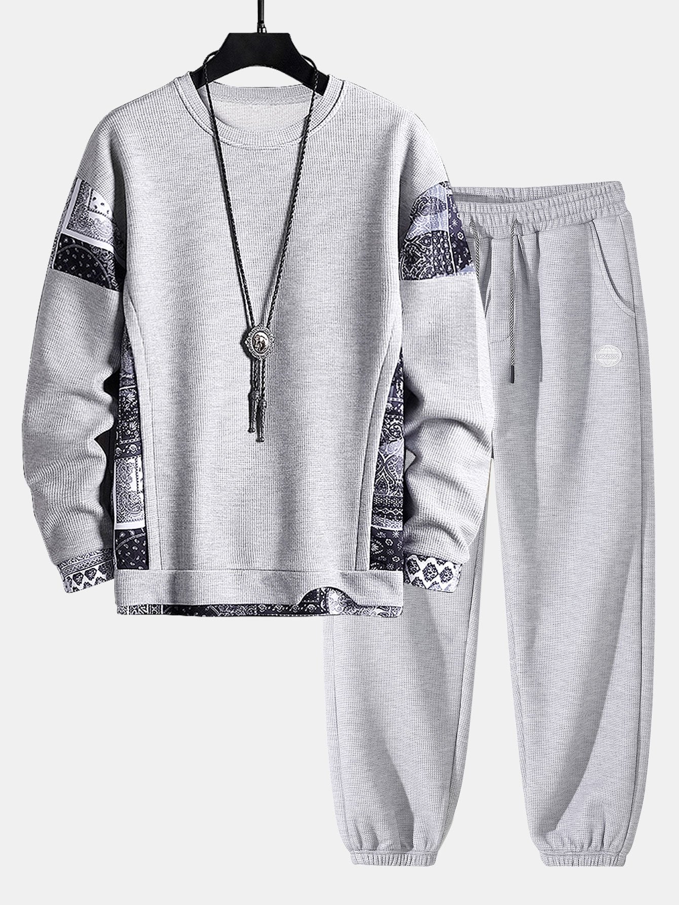 Paisley Print Panel Waffle Sweatshirt & Waffle Jogger Pants-Mitchell Shoes