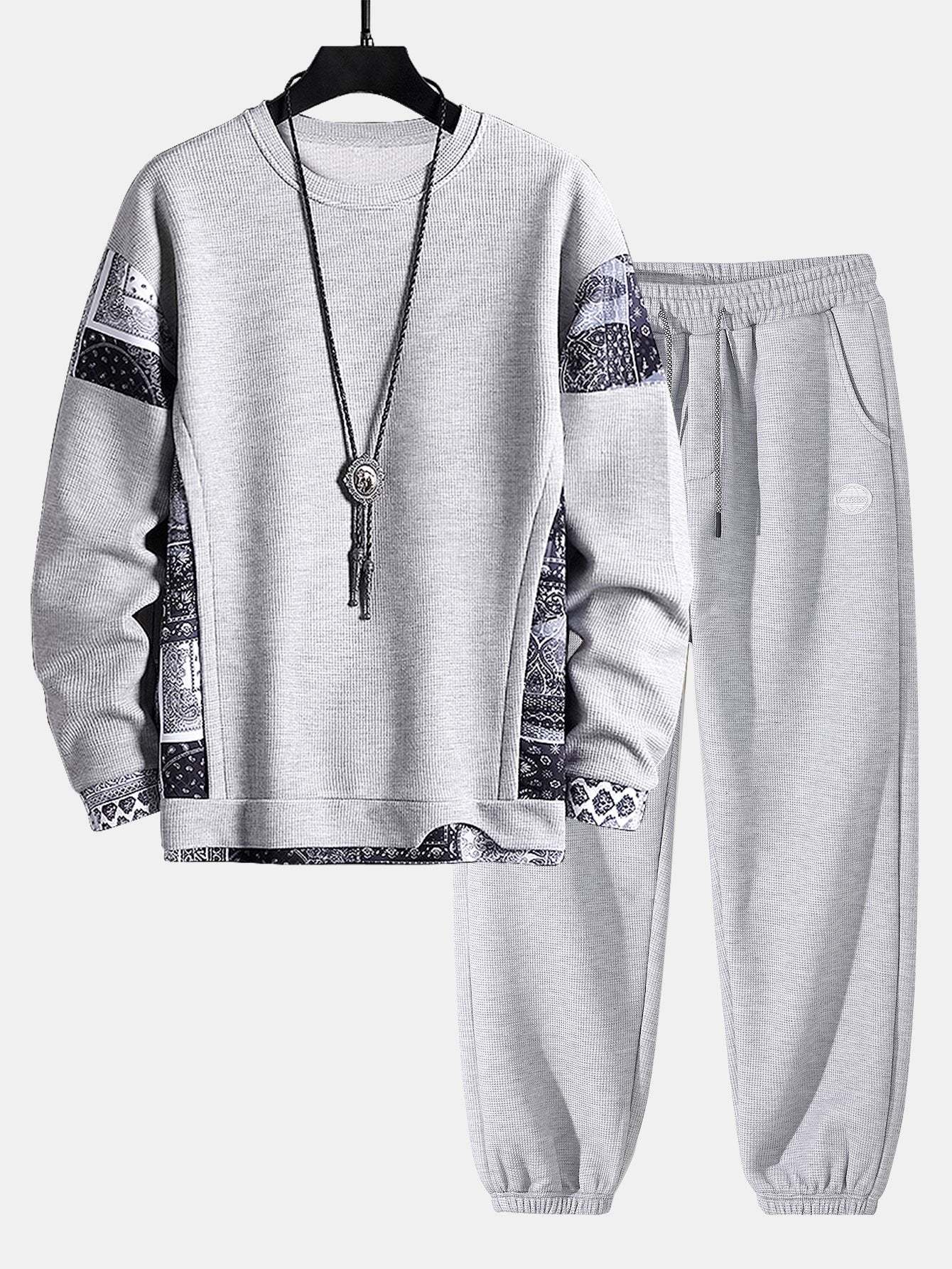 Paisley Print Panel Waffle Sweatshirt & Waffle Jogger Pants-Mitchell Shoes