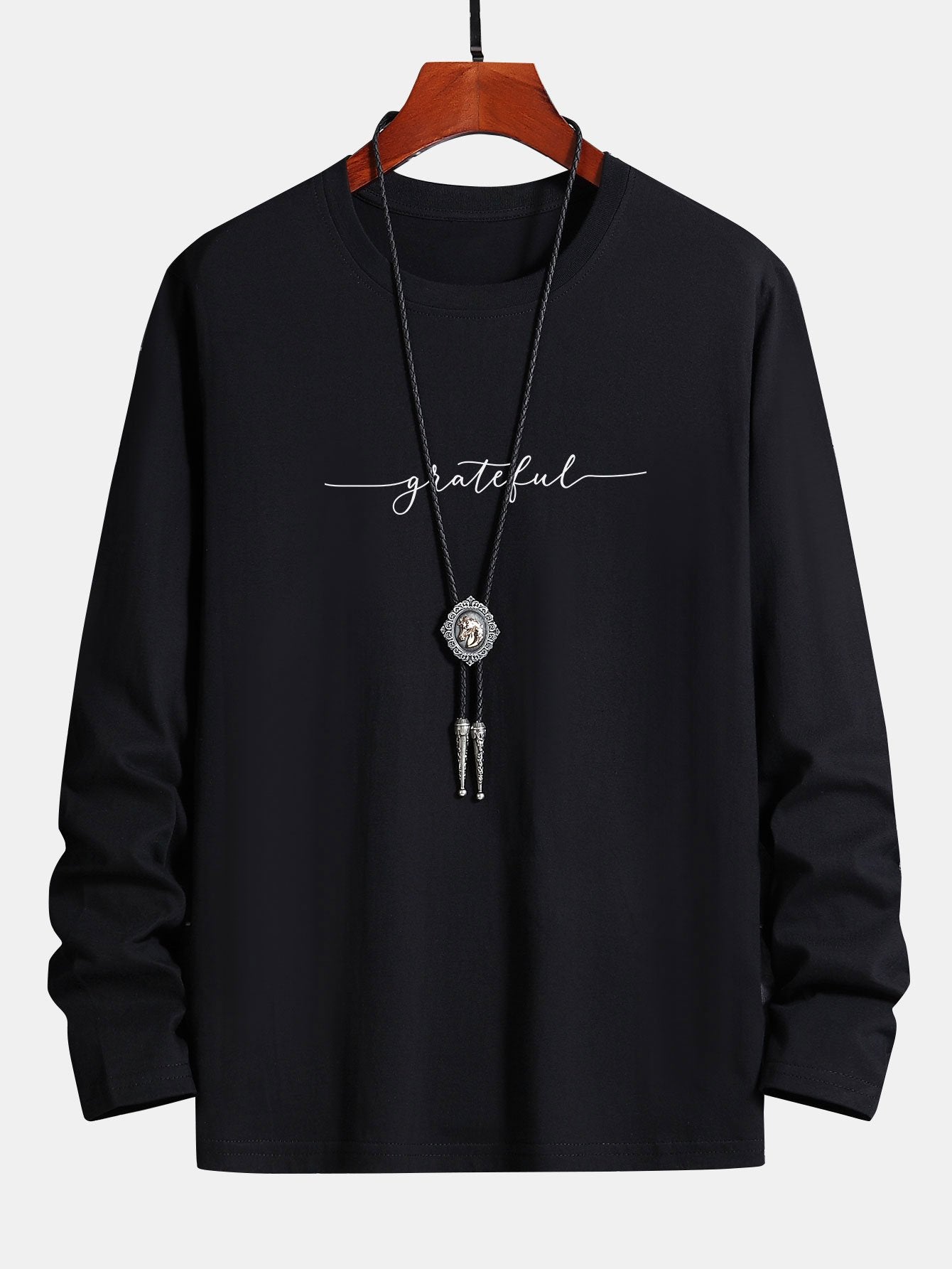 Long Sleeve Grateful Print Cotton T-Shirt-Mitchell Shoes
