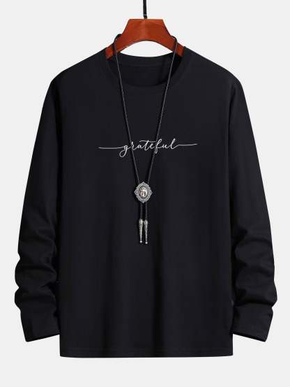 Long Sleeve Grateful Print Cotton T-Shirt-Mitchell Shoes