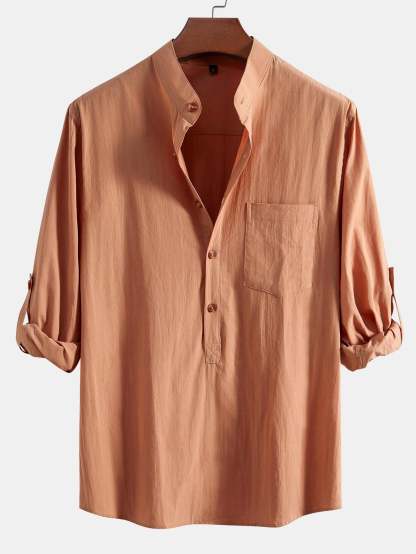 Long Sleeve Linen Look Henley Collar Shirt-Mitchell Shoes