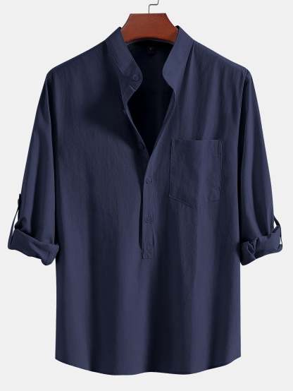 Long Sleeve Linen Look Henley Collar Shirt-Mitchell Shoes