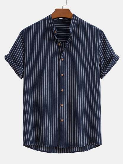 Cotton Blend Striped Stand Collar Shirt & Straight Leg Linen Pants-Mitchell Shoes
