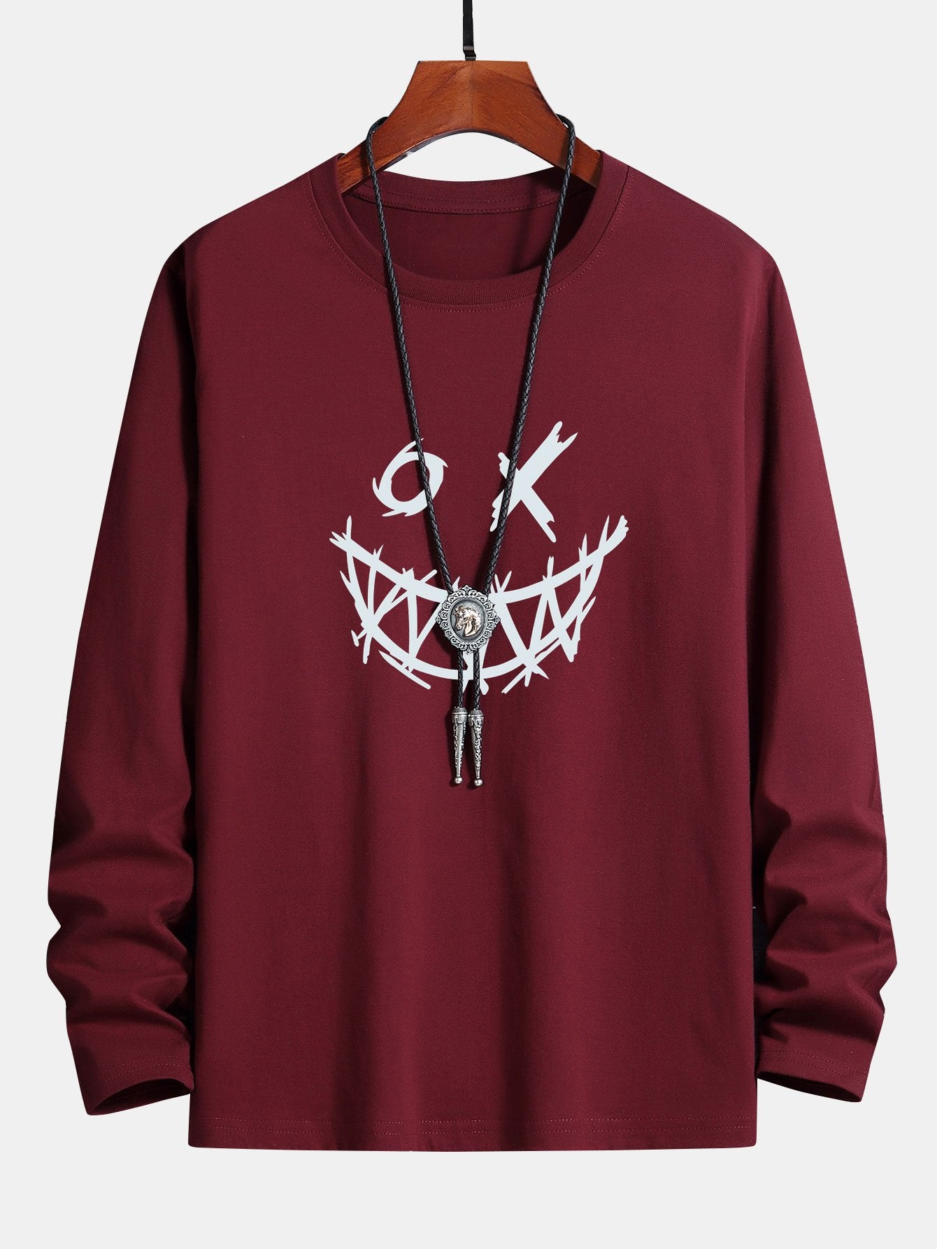 Long Sleeve Scary Face Print Cotton T-Shirt-Mitchell Shoes