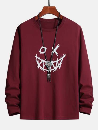 Long Sleeve Scary Face Print Cotton T-Shirt-Mitchell Shoes