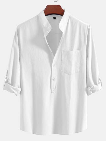 Long Sleeve Linen Look Henley Collar Shirt-Mitchell Shoes