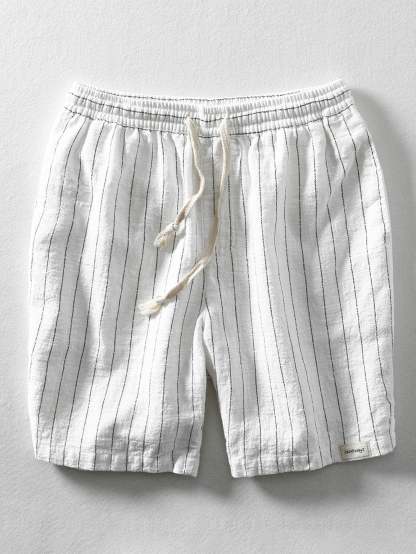 Linen Cotton Blend Drawstring Striped Shorts-Mitchell Shoes
