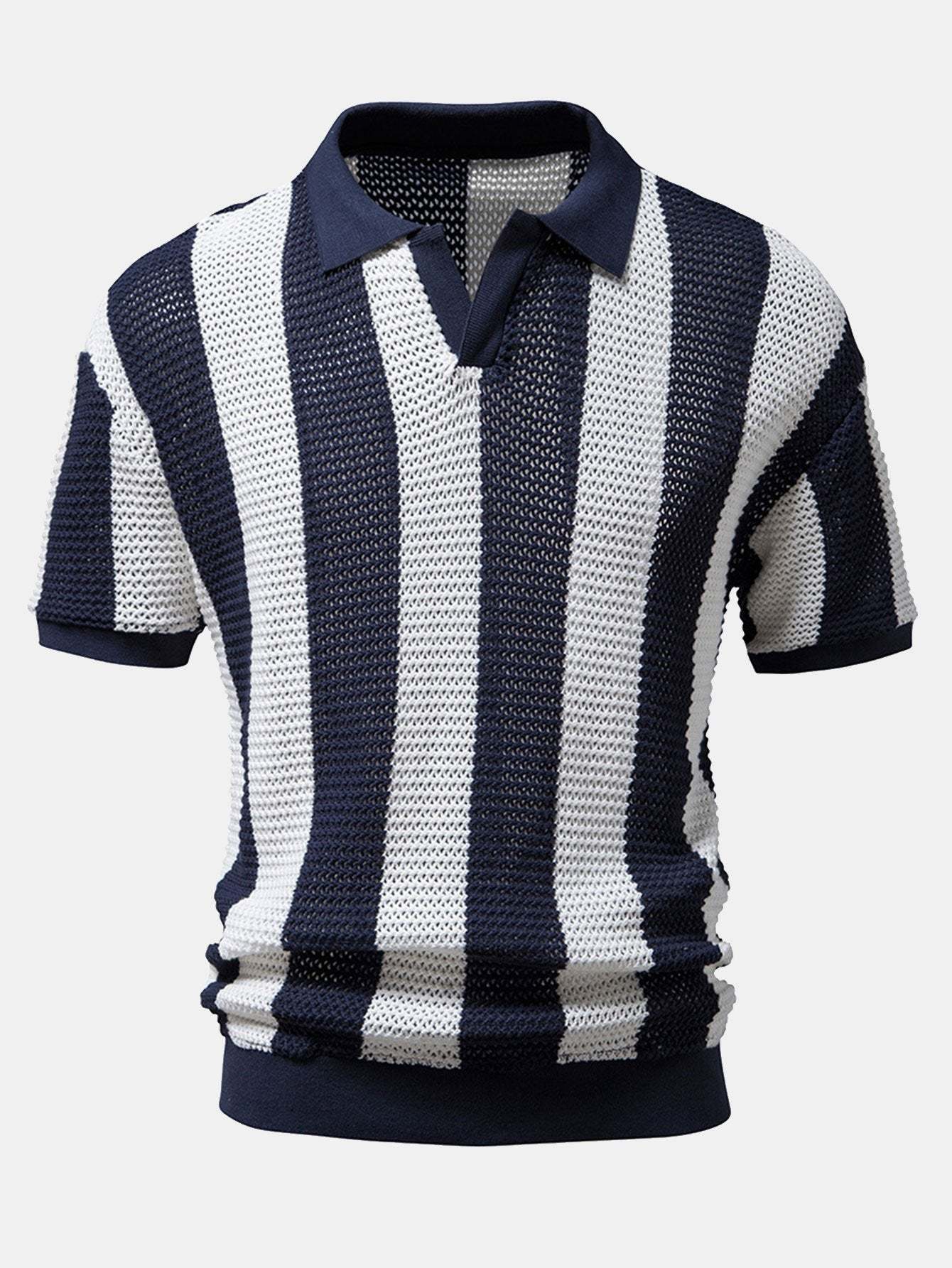 V Neck Striped Knit Polo Shirt-Mitchell Shoes