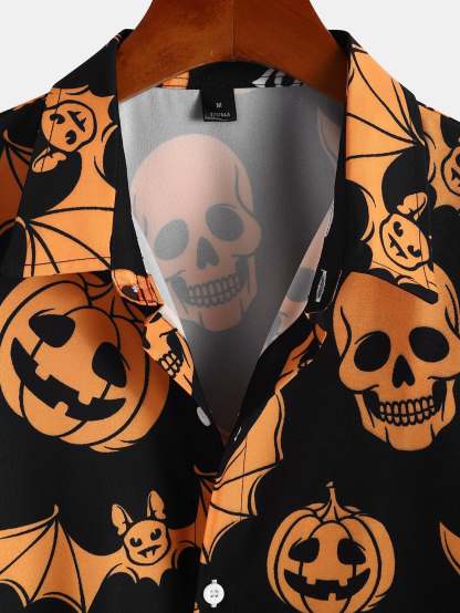 Halloween Pumpkin Skull Print Shirt-Mitchell Shoes