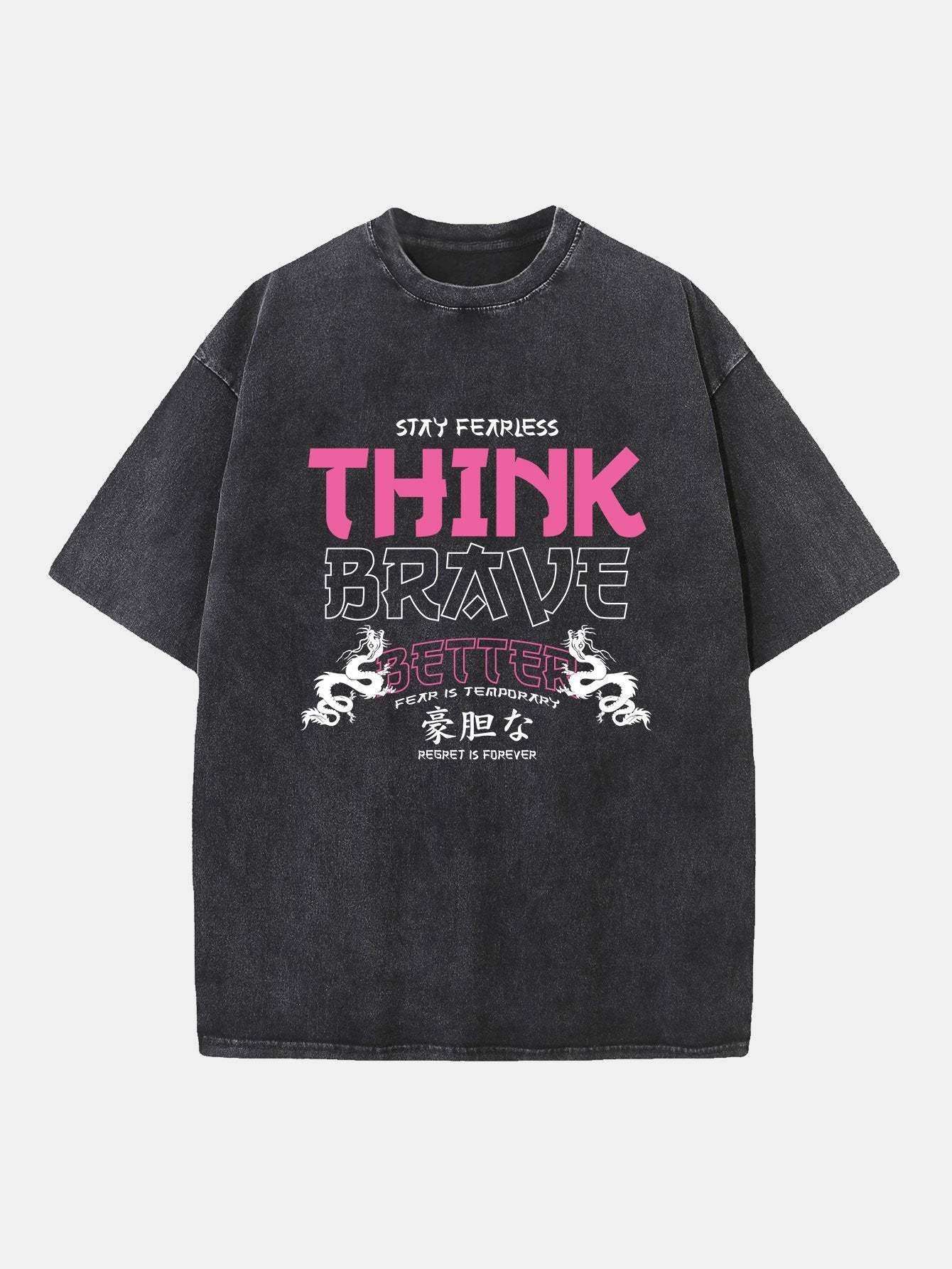 Japanese Think Brave Print Washed Distressed Drop Shoulder T-Shirt-Mitchell Shoes