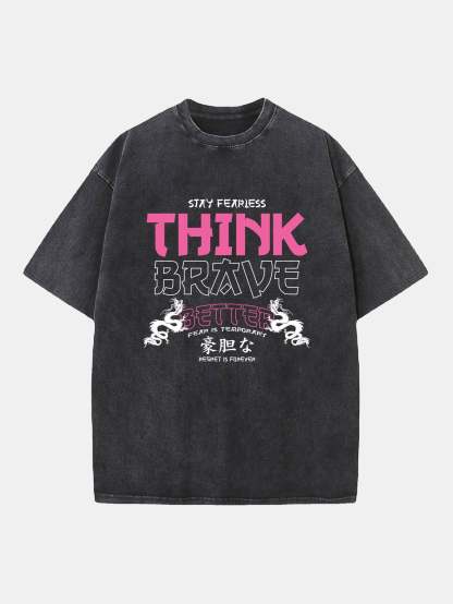 Japanese Think Brave Print Washed Distressed Drop Shoulder T-Shirt-Mitchell Shoes