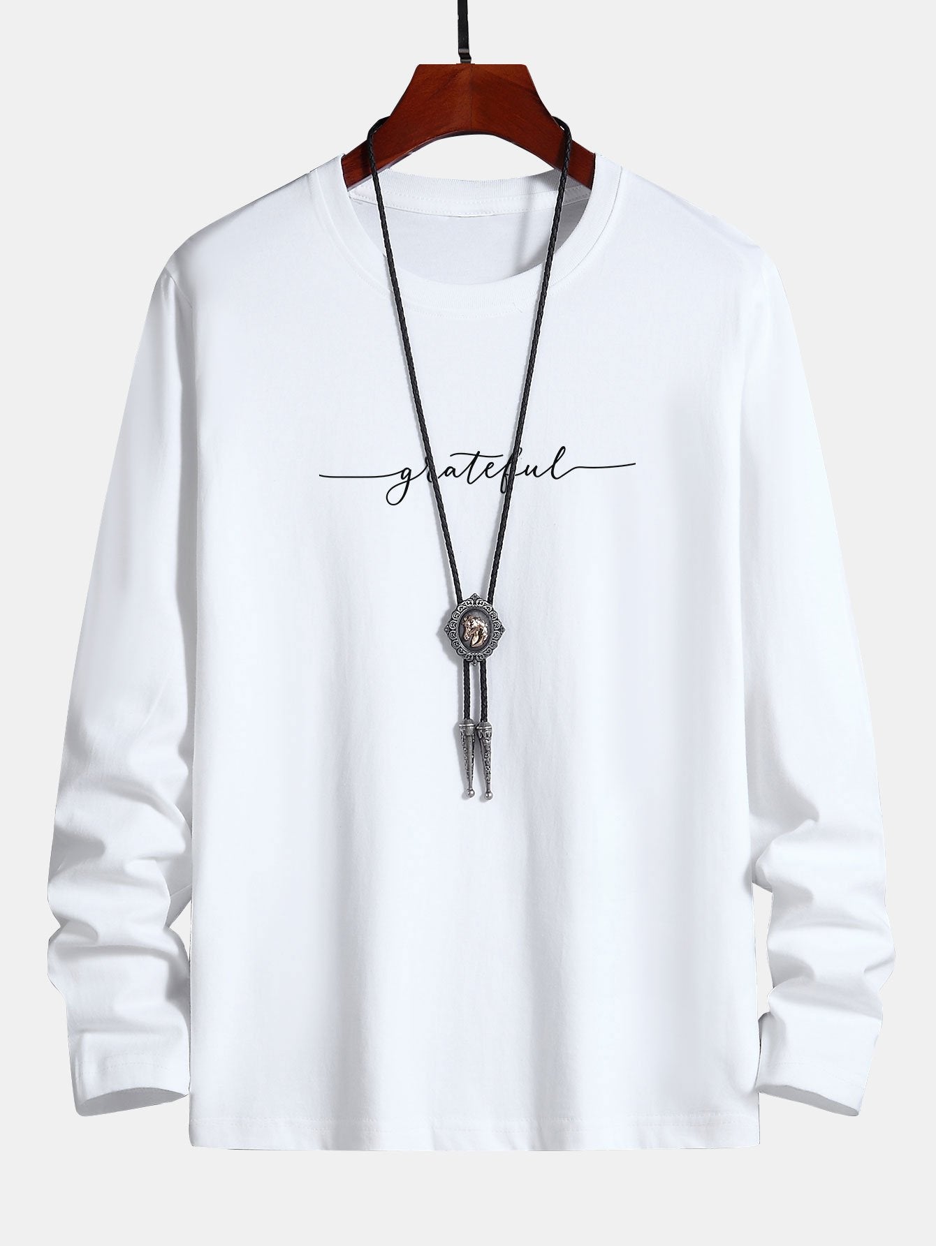 Long Sleeve Grateful Print Cotton T-Shirt-Mitchell Shoes
