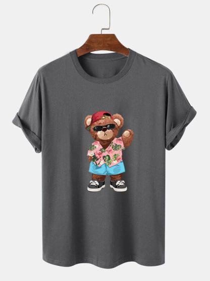 Bear In Hawaiian Shirt Print T-Shirt-Mitchell Shoes