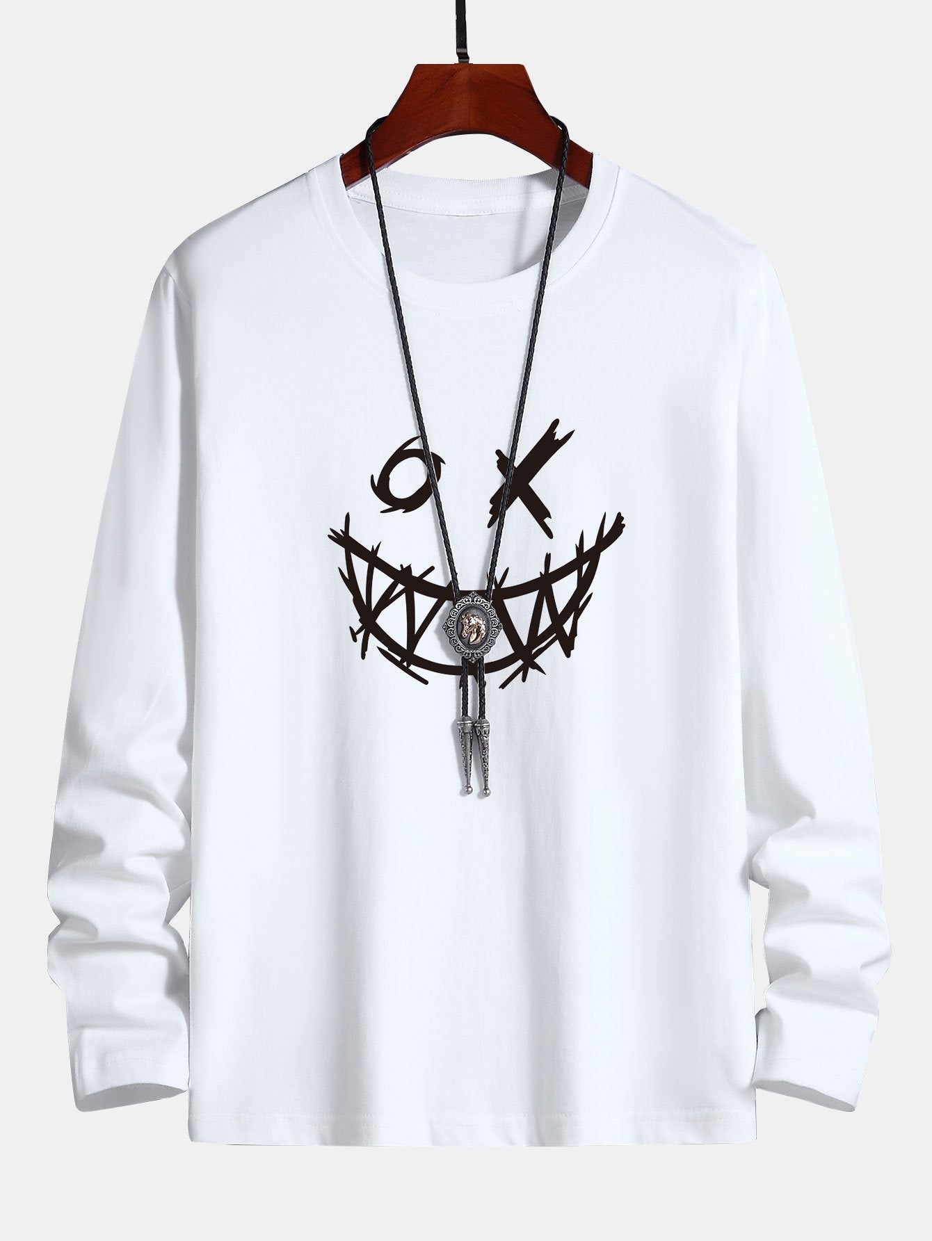 Long Sleeve Scary Face Print Cotton T-Shirt-Mitchell Shoes