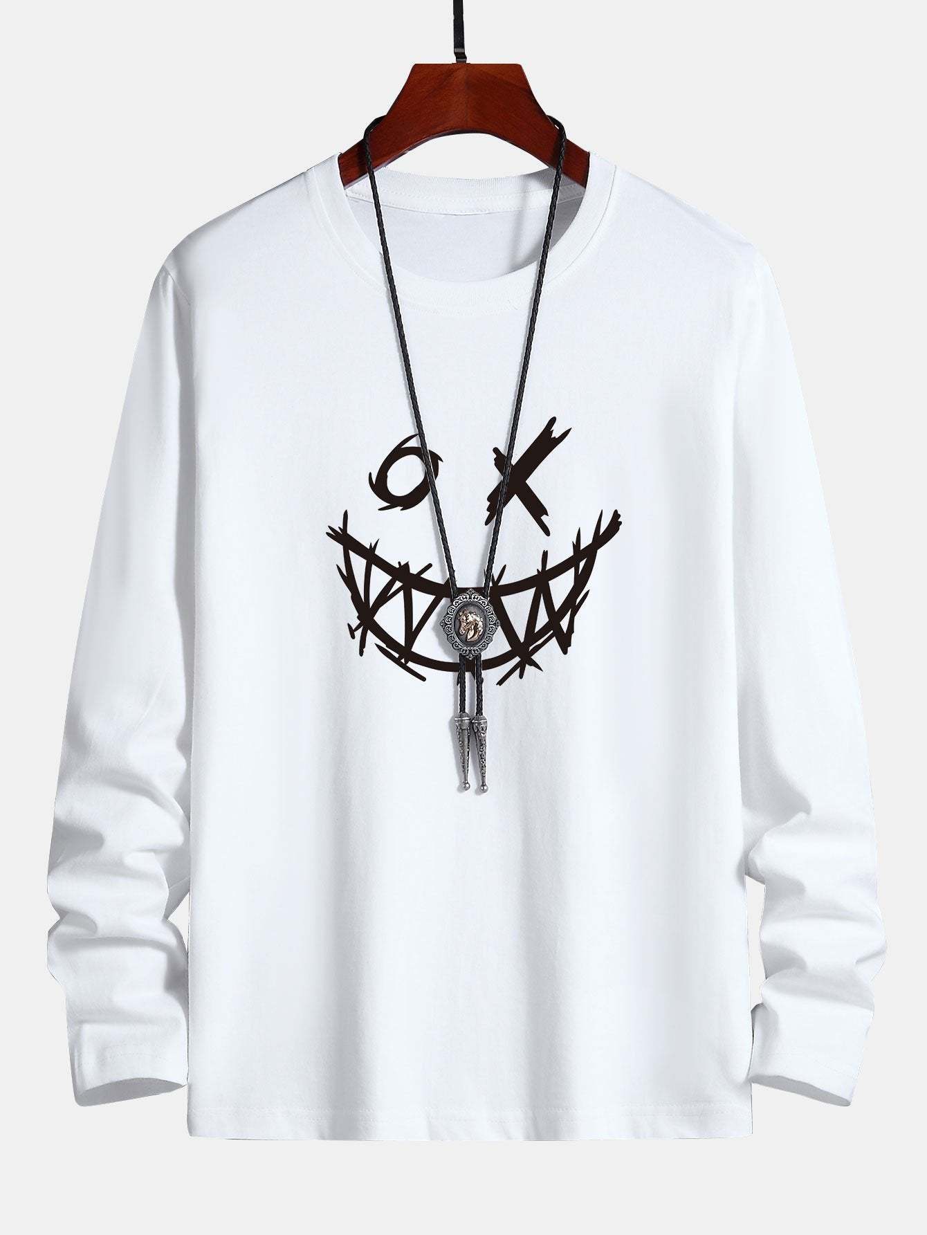 Long Sleeve Scary Face Print Cotton T-Shirt-Mitchell Shoes