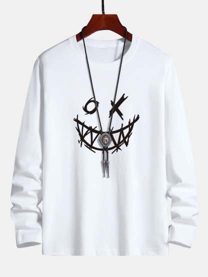 Long Sleeve Scary Face Print Cotton T-Shirt-Mitchell Shoes