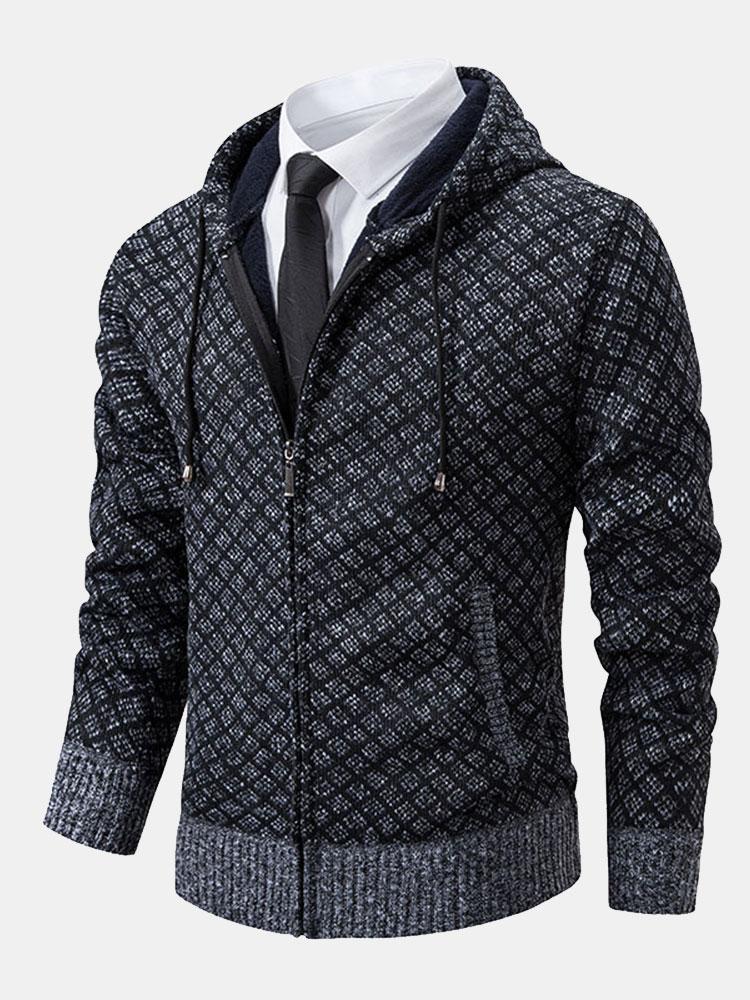 Diamond Pattern Zip Hooded Sweater-Mitchell Shoes
