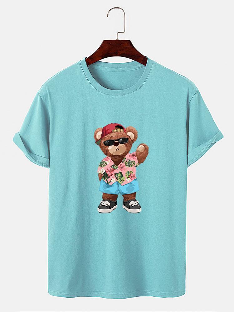 Bear In Hawaiian Shirt Print T-Shirt-Mitchell Shoes