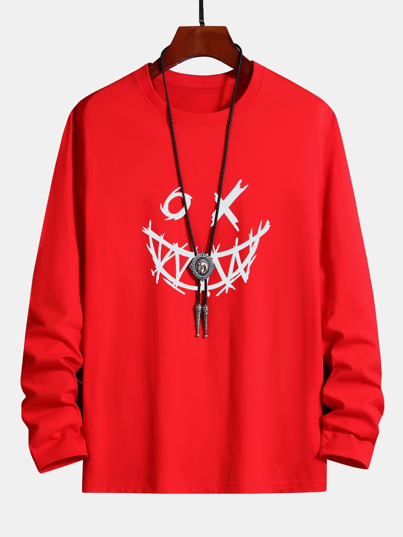 Long Sleeve Scary Face Print Cotton T-Shirt-Mitchell Shoes
