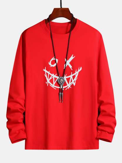 Long Sleeve Scary Face Print Cotton T-Shirt-Mitchell Shoes