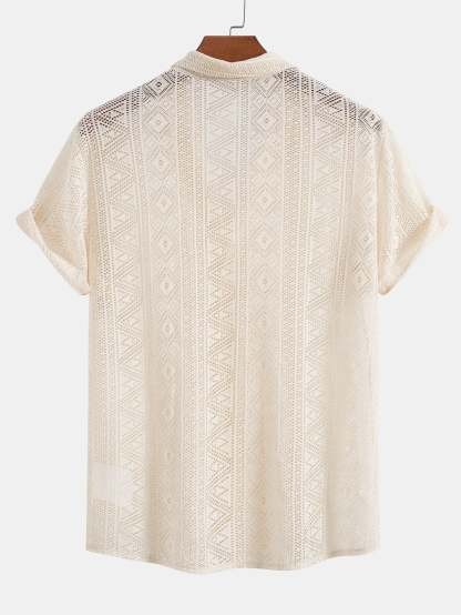 Short Sleeve Geometry Textured Cuban Shirt & Striped Swim Shorts-Mitchell Shoes