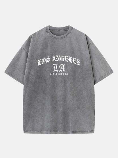 Gothic Los Angeles Print Washed Distressed Drop Shoulder T-Shirt-Mitchell Shoes