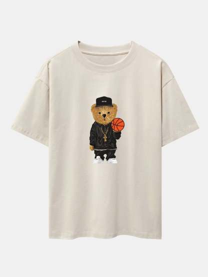 Basketball Bear Print Drop Shoulder Oversize T-Shirt & Jersey Basketball Shorts-Mitchell Shoes