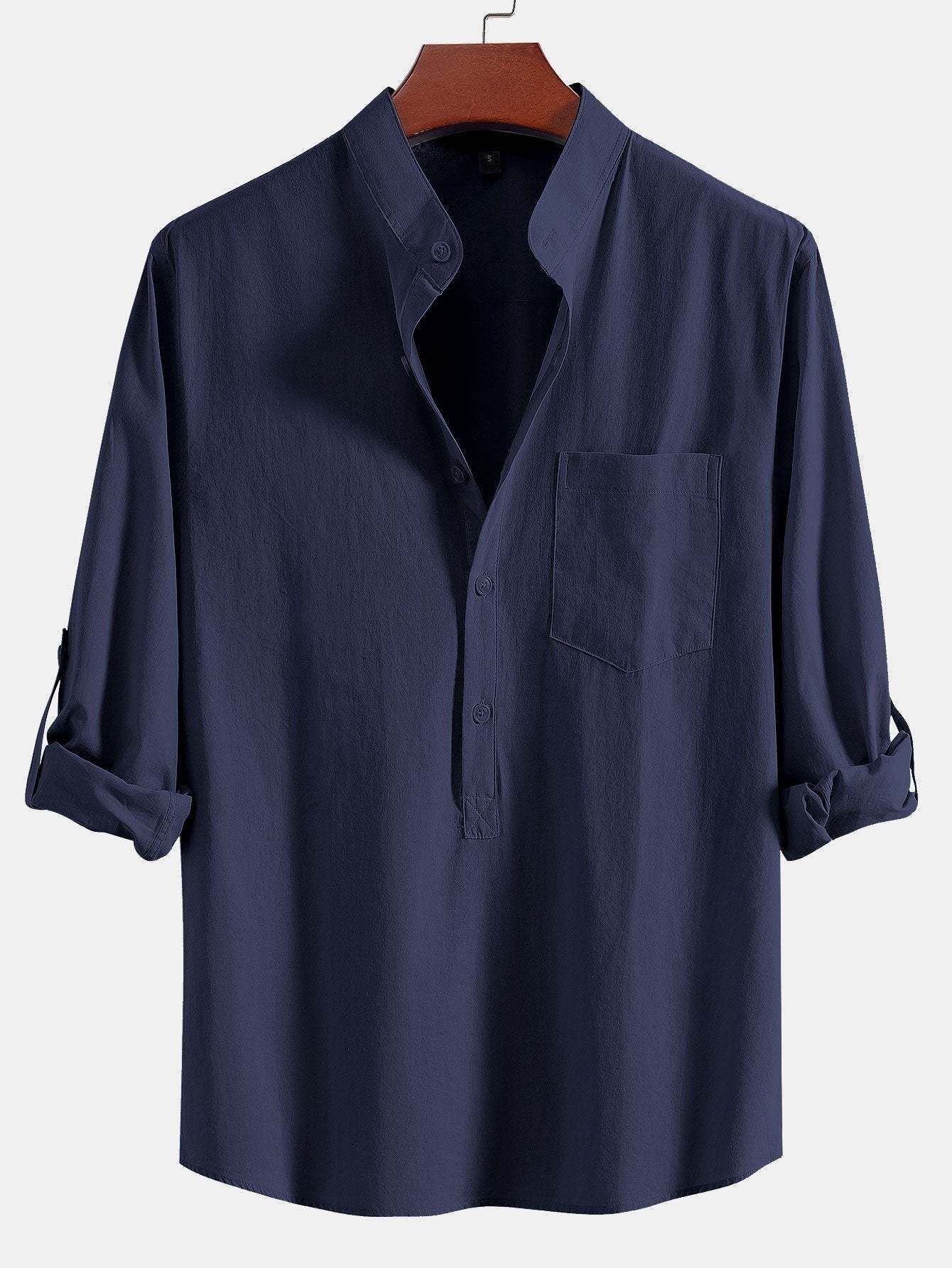 Long Sleeve Linen Look Henley Collar Shirt & Straight Leg Linen Pants-Mitchell Shoes