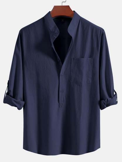 Long Sleeve Linen Look Henley Collar Shirt & Straight Leg Linen Pants-Mitchell Shoes