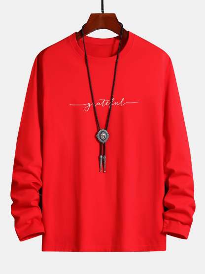 Long Sleeve Grateful Print Cotton T-Shirt-Mitchell Shoes