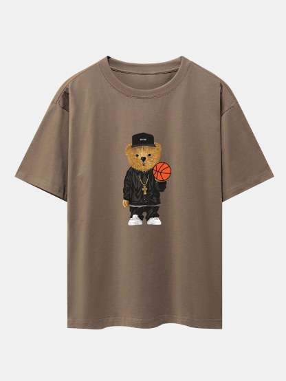 Basketball Bear Print Drop Shoulder Oversize T-Shirt & Jersey Basketball Shorts-Mitchell Shoes