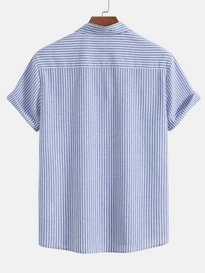 Short Sleeve Cotton Blend Striped Button Up Shirt-Mitchell Shoes