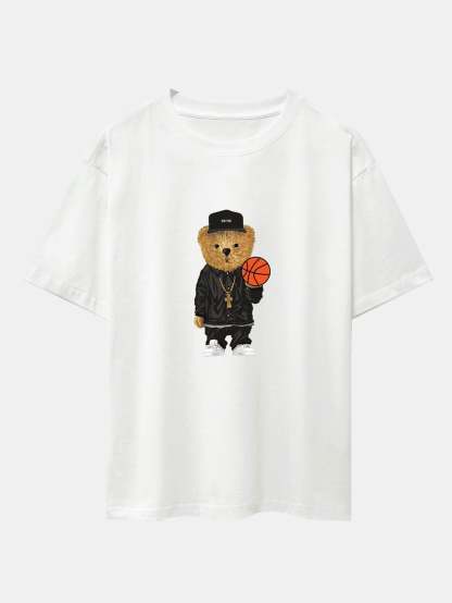 Basketball Bear Print Drop Shoulder Oversize T-Shirt & Jersey Basketball Shorts-Mitchell Shoes