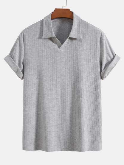 Knitted Ribbed V Neck Polo Shirt-Mitchell Shoes