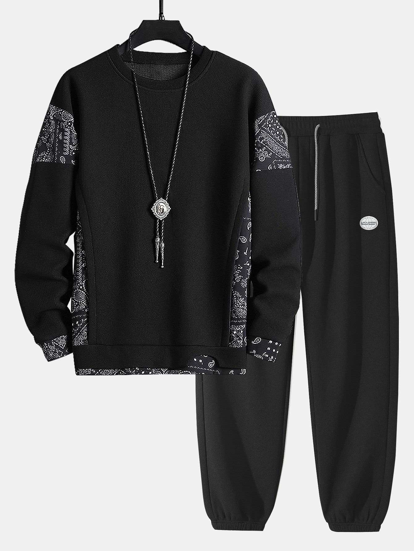 Paisley Print Panel Waffle Sweatshirt & Waffle Jogger Pants-Mitchell Shoes