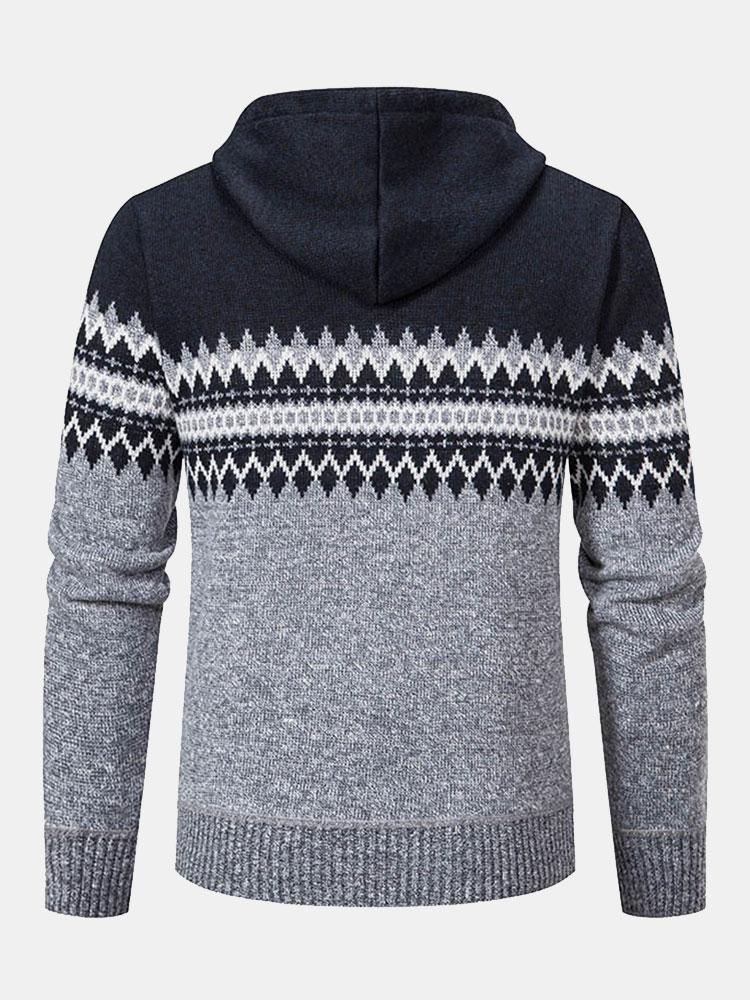 Geometric Pattern Zip Hooded Sweater-Mitchell Shoes