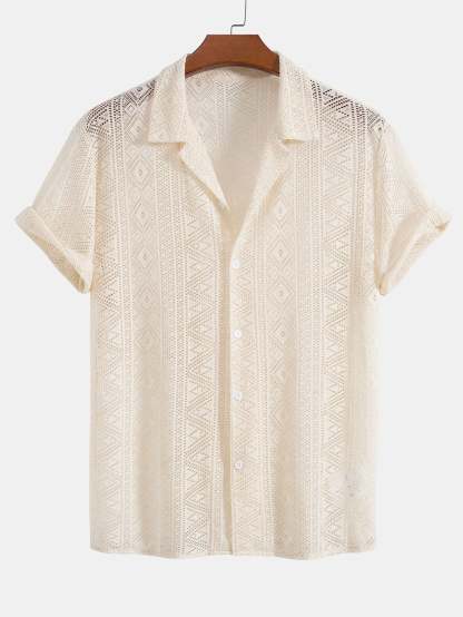 Short Sleeve Geometry Textured Cuban Shirt & Striped Swim Shorts-Mitchell Shoes