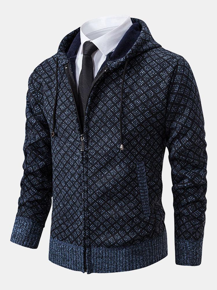 Diamond Pattern Zip Hooded Sweater-Mitchell Shoes
