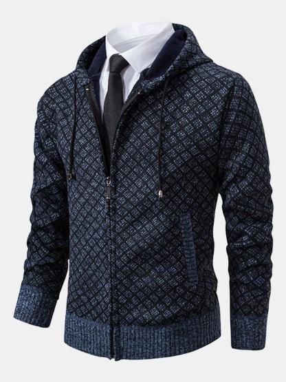 Diamond Pattern Zip Hooded Sweater-Mitchell Shoes