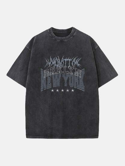 New York Gothic Print Washed Distressed Drop Shoulder T-Shirt-Mitchell Shoes