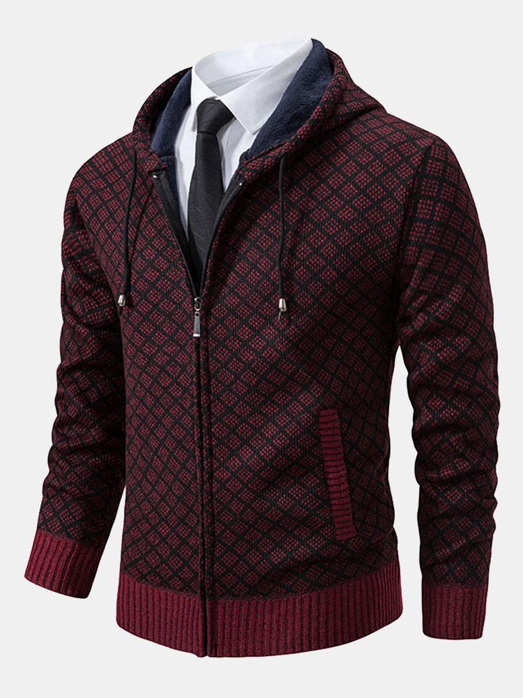 Diamond Pattern Zip Hooded Sweater-Mitchell Shoes