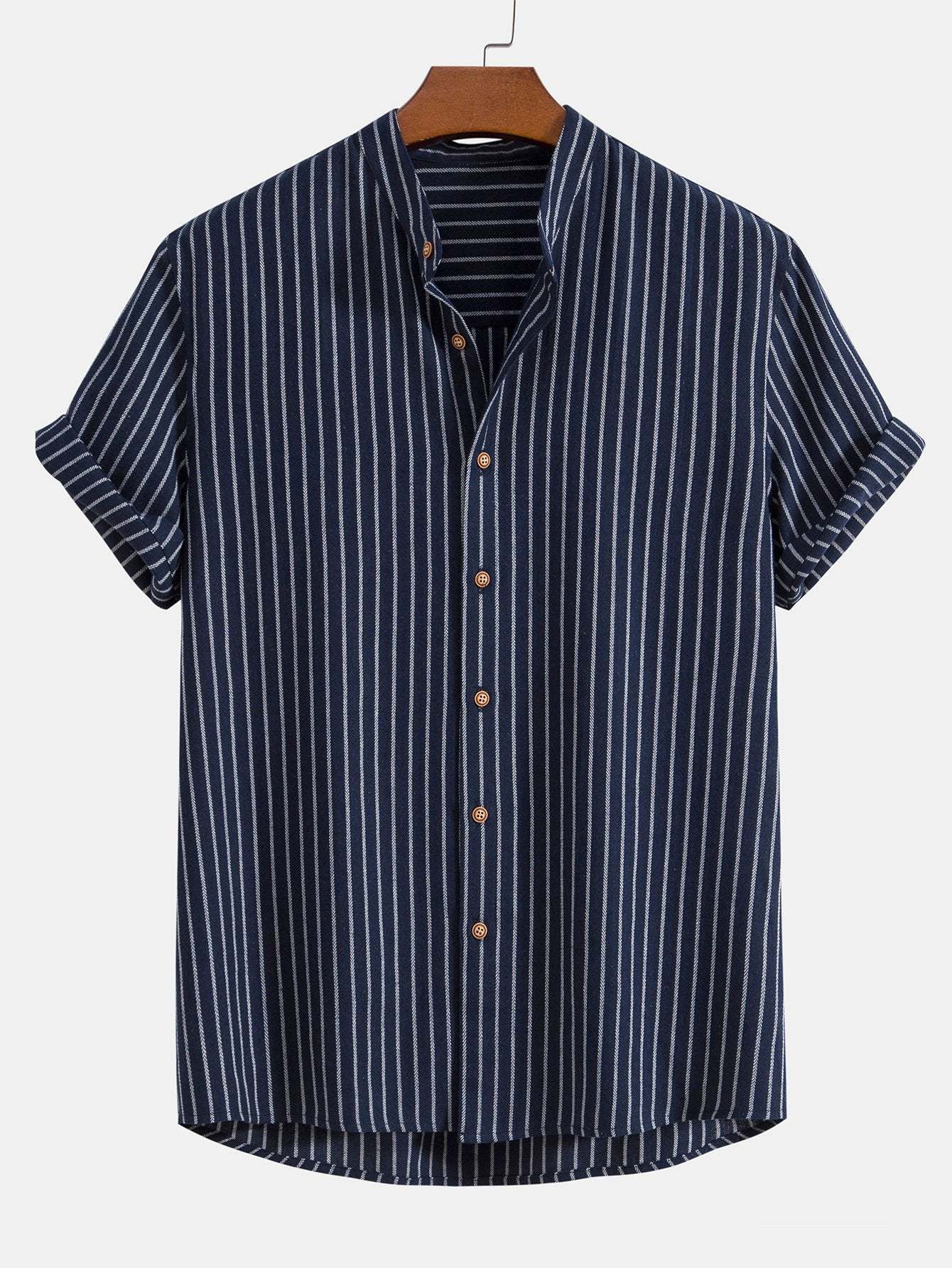 Cotton Blend Striped Stand Collar Shirt-Mitchell Shoes