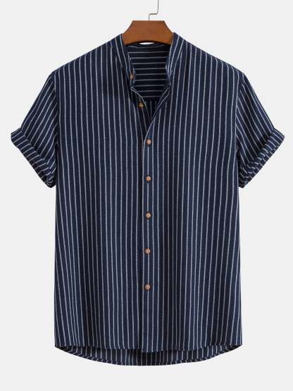 Cotton Blend Striped Stand Collar Shirt-Mitchell Shoes